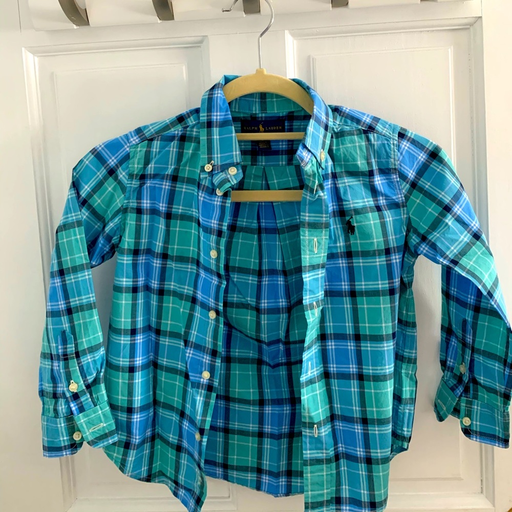Teal checkered button down long sleeve RL shirt